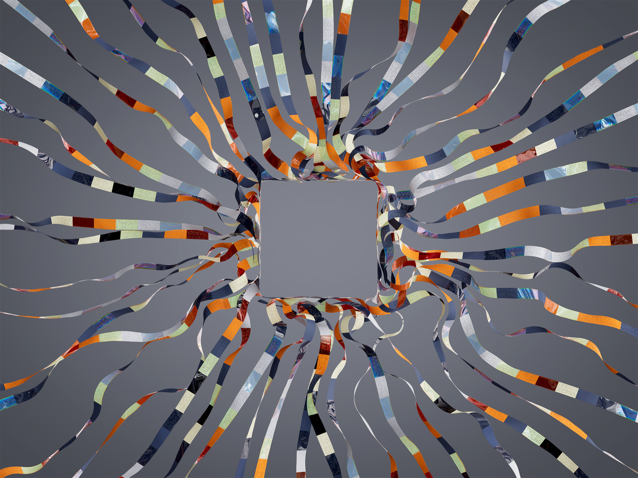 Vivid 3D rendering of dynamic colorful ribbons forming a square in abstract digital art.
